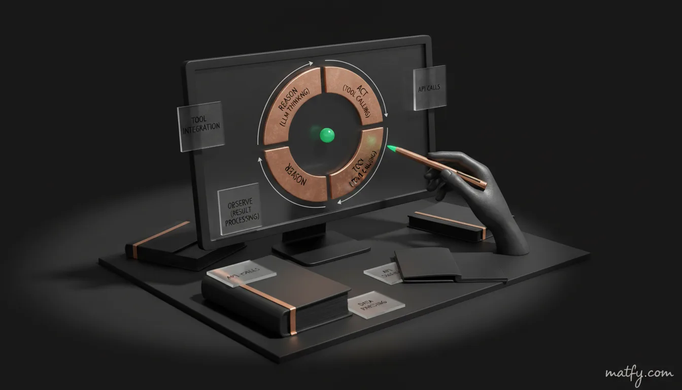 Agentic loop cyclus met Reason, Act, Observe stappen op monitor scherm