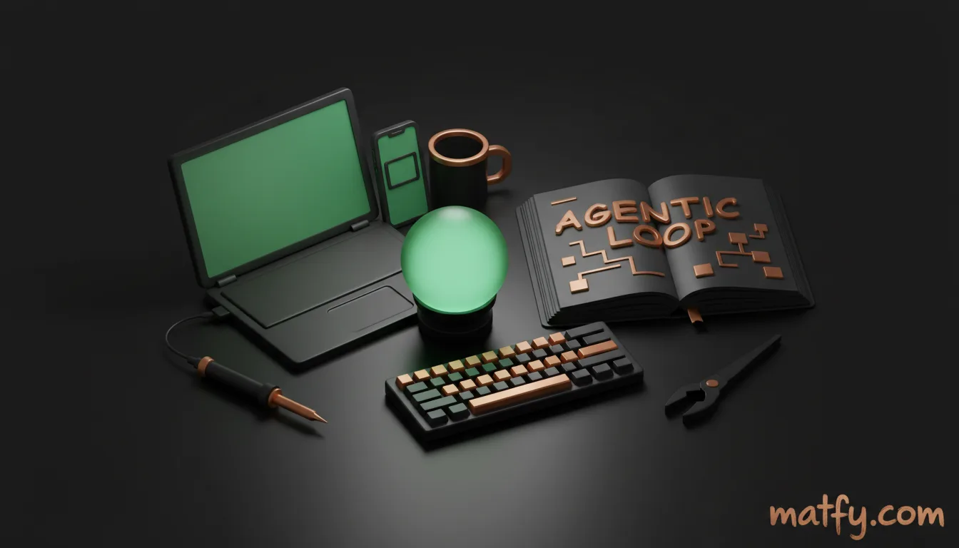 Developer aan het werk met Python code en agentic loop schema voor het bouwen van een AI agent